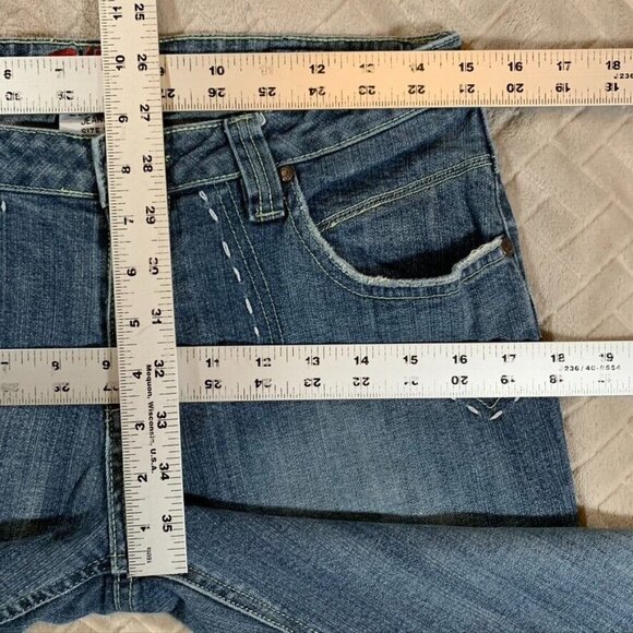 Leo Roma Women 9 Denim Jeans Blue Flare Low Rise Western Y2K Embroidered Pockets - Picture 5 of 12